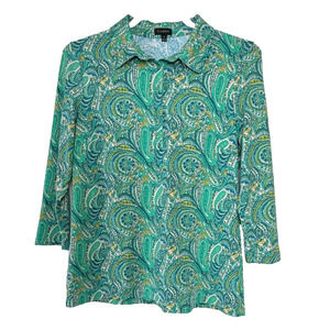Women's 3/4 Sleeve Top Blouse Teal Green Paisley Print Collar with Buttons Small
